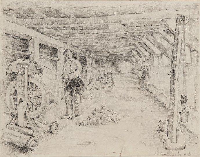 Bleistiftzeichnung „Inneres einer Seilerei in Glandorf“
Bildnachweis: LWL-Freilichtmuseum Hagen