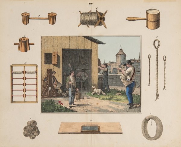 Der Blick in die Seilerwerkstatt – umrahmt von den dort genutzten Werkzeugen. Eine Lithografie von 1860
Bildnachweis: LWL-Freilichtmuseum Hagen
