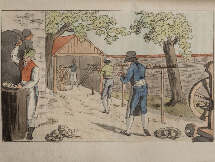 Darstellung des Seilerhandwerks von ca. 1820
Bildnachweis: LWL-Freilichtmuseum Hagen